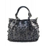 №301 "Fiore" Italienisches Leder Shopper Tasche Damen mit floralem motiv. Schwarz & braun