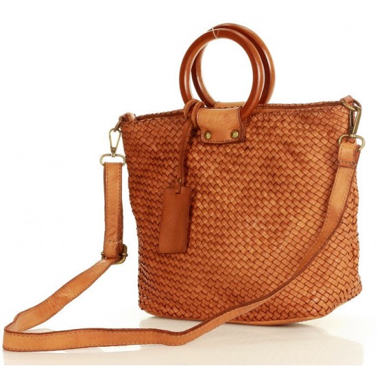 №14 "Louise"  Woven real leather handbag for women with bamboo handles
