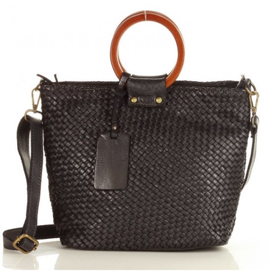 №14 "Louise"  Woven real leather handbag for women with bamboo handles