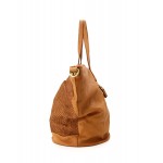 №114 “Marino” Leather shopper bag for women in vintage style. Trapezoid shape. Woven leather. Brown & black