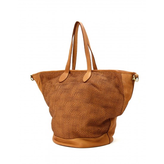 №114 “Marino” Leather shopper bag for women in vintage style. Trapezoid shape. Woven leather. Brown & black