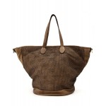 №114 “Marino” Leather shopper bag for women in vintage style. Trapezoid shape. Woven leather. Brown & black