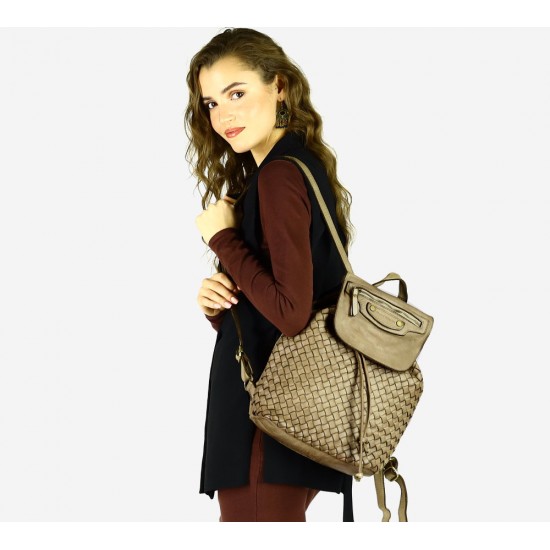 №18 "Monacco" Small women's urban leather backpack | Woven Leather | Black & Brown | S-size