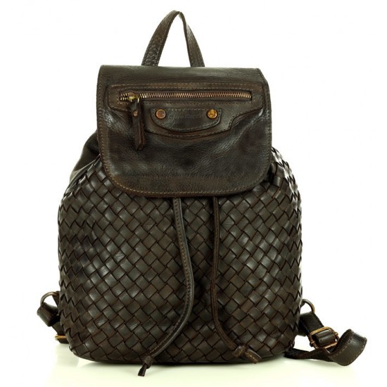 №18 "Monacco" Small women's urban leather backpack | Woven Leather | Black & Brown | S-size