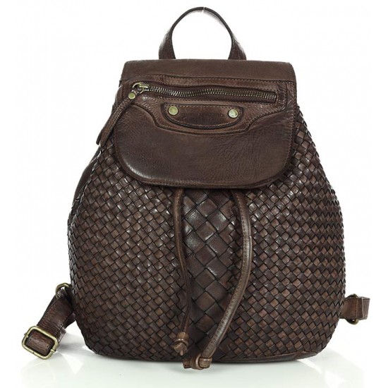 №181 "Augusti" Small women's urban leather backpack | Woven Leather | Black & Brown | Small
