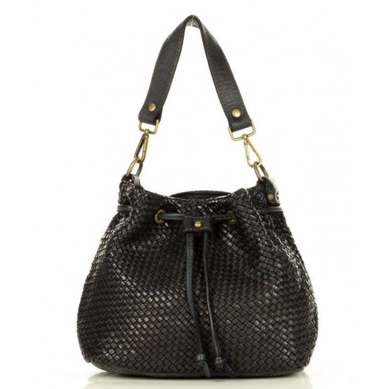 №19 "Turid" Woven soft leather bucket bag. Brown & black