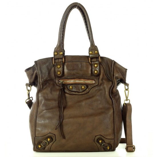 №26 "Gerd" Sac cabas - tote bag cuir - sac de cours en cuir italien pour femme. Noir & brun