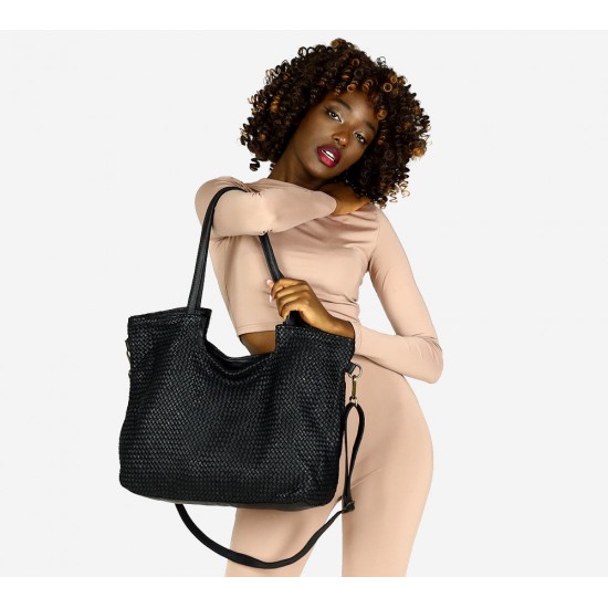 №30 "Linn"  Sac de cours - sac cabas tote bag femme en cuir tressé veritable - noir & brun