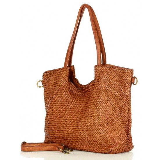 №30 "Linn" Woven shopper leather tote bag for women. Ideal for laptop. Brown & black tote bag