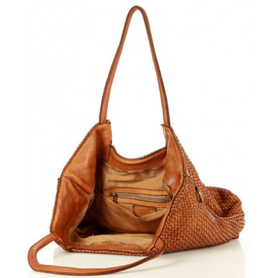 №30 "Linn" Woven shopper leather tote bag for women. Ideal for laptop. Brown & black tote bag