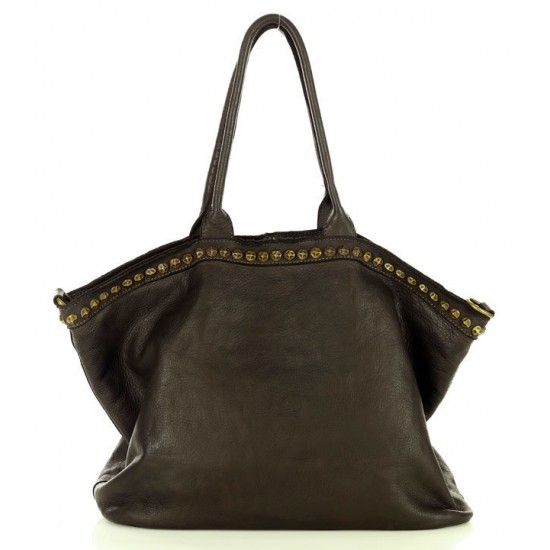 №32 "Corine" Shopper real leather tote bag | Boho style, rivets | Black & brown