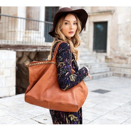 №32 "Corine" Shopper real leather tote bag | Boho style, rivets | Black & brown