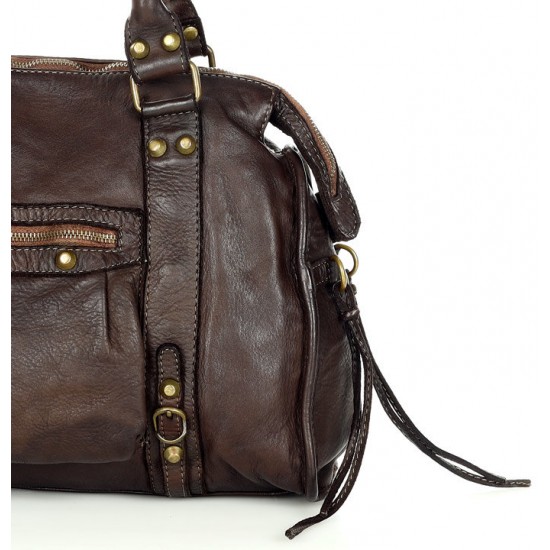 №37 "Lorna" Real leather bowling bag women's in BOHO styl with rivets | Duffle black & brown