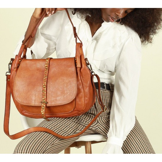 №38 "Akaba" Black & brown leather saddle bag ladies. BOHO style with rivets. Crossbody