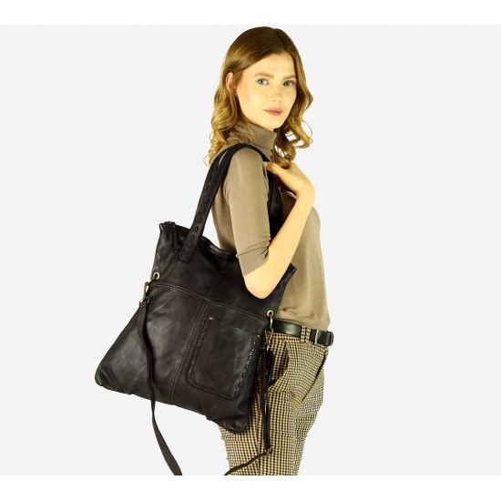 №51 "Janne" Sac tote bag cuir crossbody pour femme en noir & brun. Sac shopping BOHO style