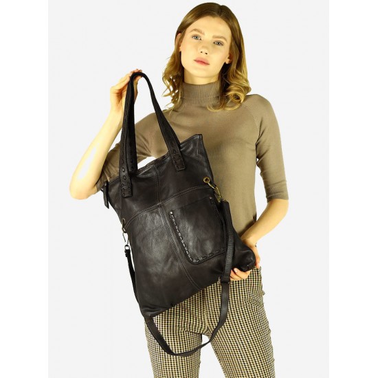 №51 "Janne" Sac tote bag cuir crossbody pour femme en noir & brun. Sac shopping BOHO style