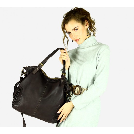 №57 "Eline" Sac cabas tote bag cuir pour femme de style Vintage. Noir, brun, vert 