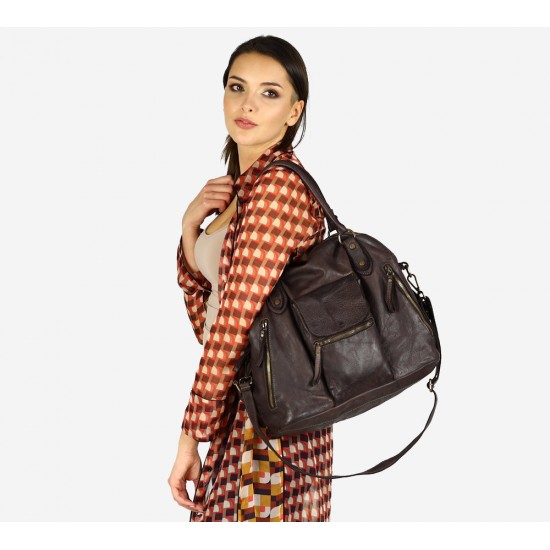 №58 "Susi" Brown & black leather bowler bag for ladies | Handmade business bag, weekend bag