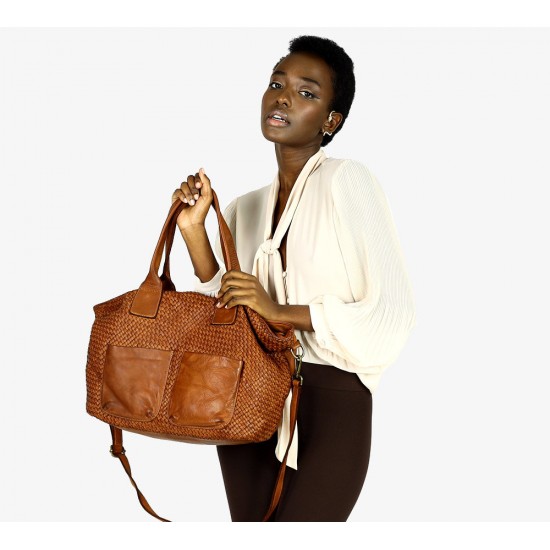 №83 "Loretta" Grand sac cabas femme cuir noir brun -  avec bandoulière - sac cabas cuir porté épaule avec fermeture éclair 